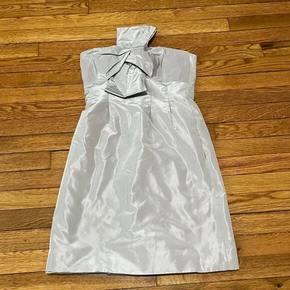 J. Crew Womens 100% Silk Dress Size 2 Silver Bow Accent Miny Party Cocktail